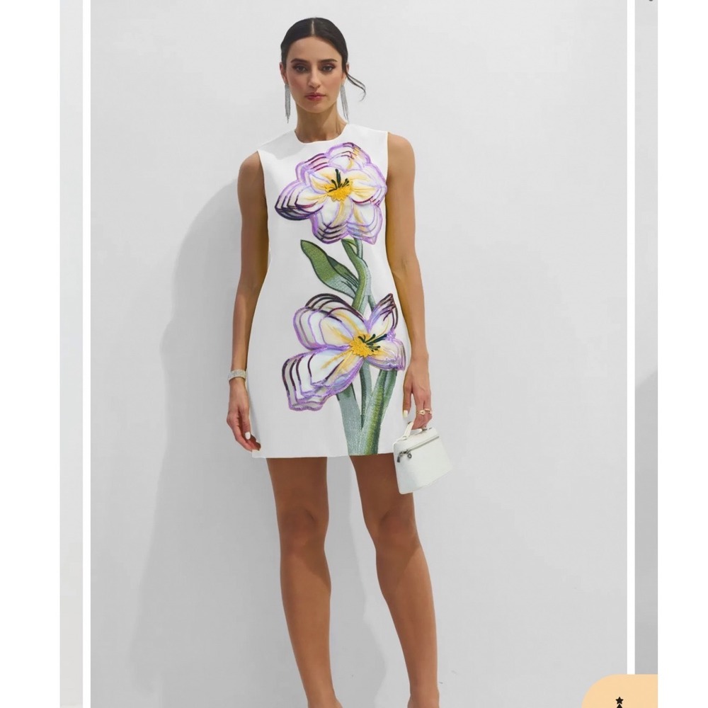 Sunfere Mini Dress Women 6 White Floral Embroidered Sleeveless Shift